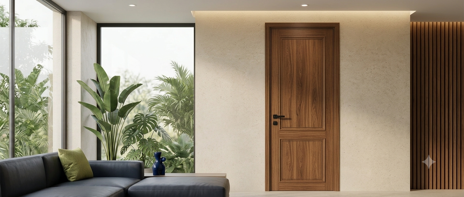 Elixir ABS waterproof walnut finish door installed in a premium modern Indian interior