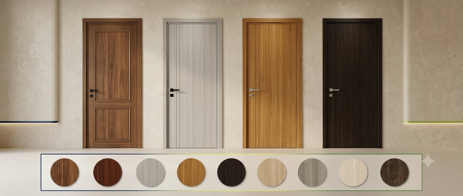 Elixir ABS door finishes including walnut mahogany ash grey teak wood dark wenge light oak oak grey white oak and dark oak