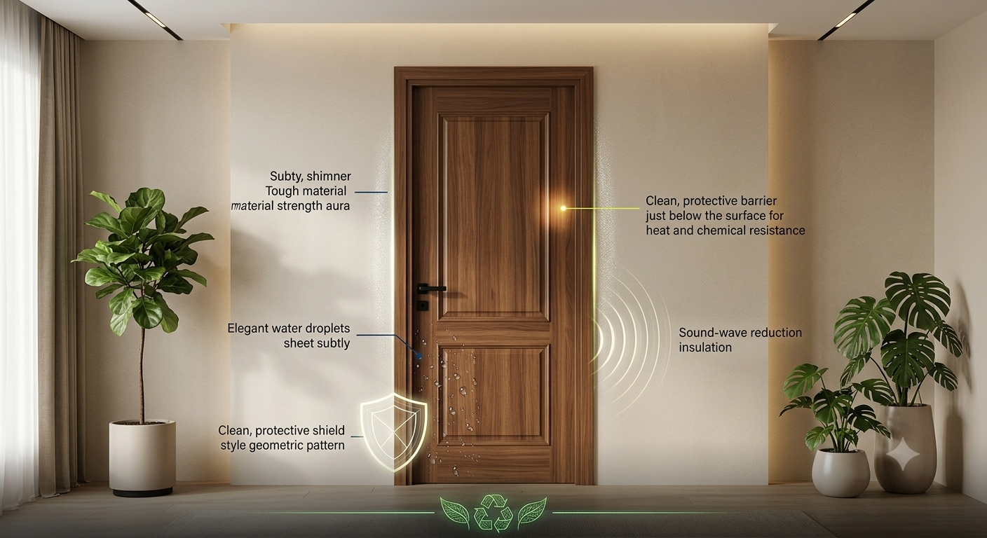 Elixir waterproof ABS door showing termite proof impact resistant heat resistant sound insulation and low maintenance benefits